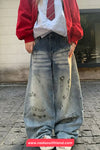 Loose Retro Printed Wide Leg Jeans Pants
