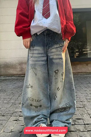 Loose Retro Printed Wide Leg Jeans Pants