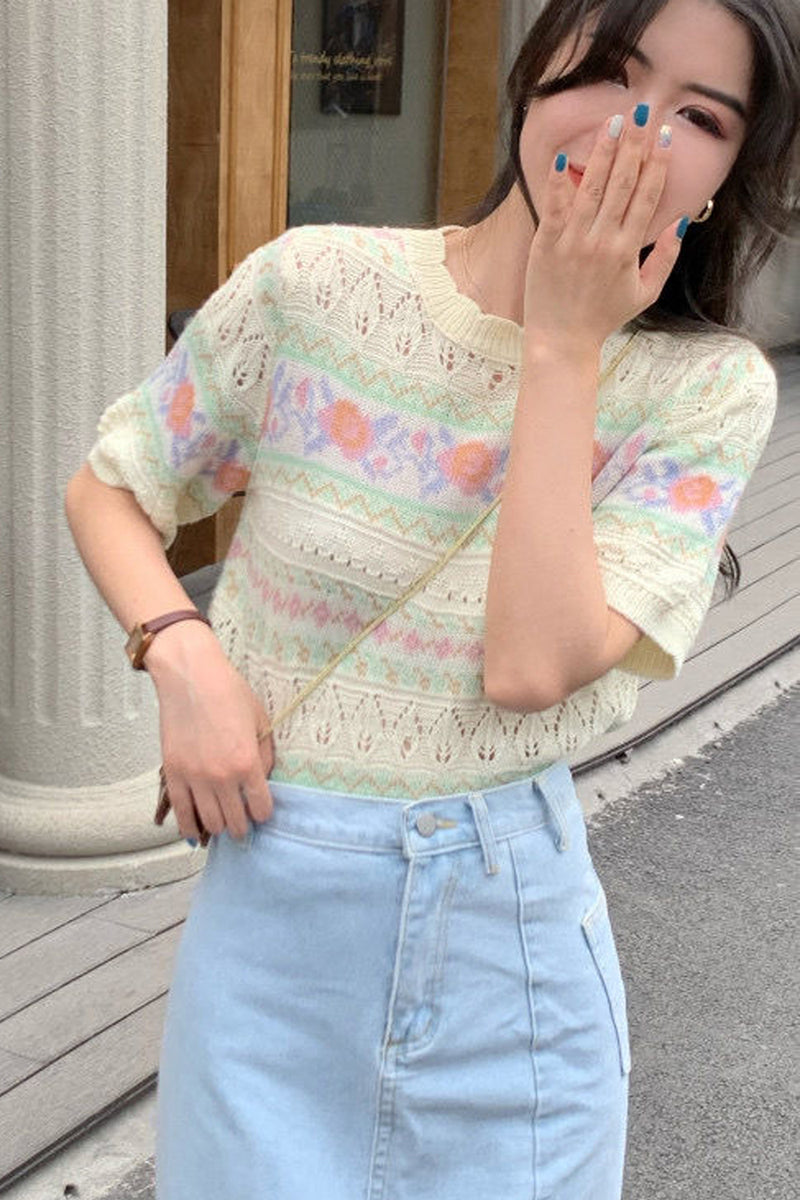 Short Sleeve Floral Pattern Knitted Shirt – Nada Outfit Land