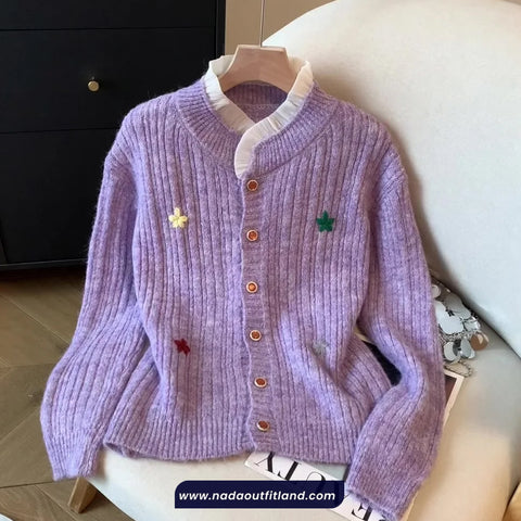 Long Sleeve Cute Daisy Retro Knitted Cardigan Sweater