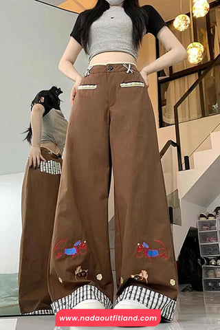 Cartoon Embroidered With Plaid Patchwork Loose Pants