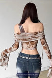 Long Sleeve Roses Pattern Off Shoulder Flare Shirt