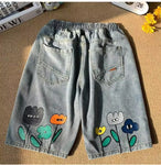 Retro Flowers Cartoon Back Printed Denim Shorts