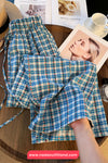 Loose Floral Pattern Blue Plaid Drawstring Long Pants