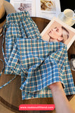 Loose Floral Pattern Blue Plaid Drawstring Long Pants