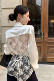 Long Sleeve Sexy Back Lace Transparent Satin Blouse Shirt 