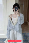 Long Sleeve 3D Floral Open Collar Striped Blouse Shirt