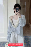 Long Sleeve 3D Floral Open Collar Striped Blouse Shirt