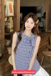 Sleeveless Vintage Plaid Elegant Bow Blouse Shirt