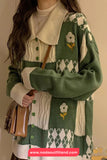 Long Sleeve Floral Plaid Knitted Cardigan Sweater