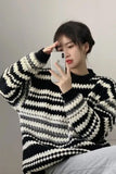 Upgrade your 90s Grunge Aesthetic with this Long Sleeve Retro Contrast Striped Knitted Sweater. The ultimate essential for Grandpa-Core outfits, chunky colorful knitwear trends, and cozy everyday autumn lookbooks. Featuring a flattering relaxed drape and a classic horizontal contrast stripe layout, this pullover sweater is a must-have for your Aesthetic Sweaters or Retro Clothing collection.