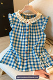 Short Sleeve Lace Collar Blue Plaid Floral Pattern Blouse Shirt
