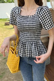 Short Sleeve Square Collar Plaid Blouse Shirts