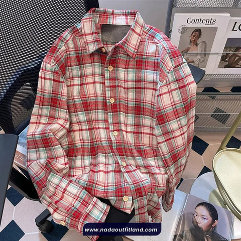 Loose Retro Red Plaid Blouse Shirt