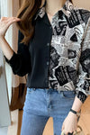 Long Sleeve Newspaper Printed Half Style Blouse Shirt