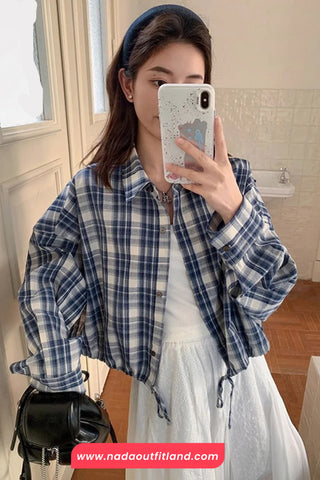 Long Sleeve Loose Drawstring Plaid Blouse Shirt