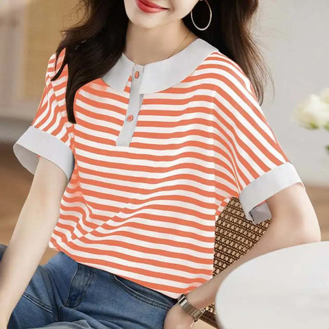 Retro Doll Collar Short Sleeve Striped Shirt