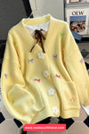 Long Sleeve V-Neck Cute Bow Floral Button Cardigan Sweater