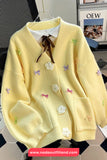 Long Sleeve V-Neck Cute Bow Floral Button Cardigan Sweater