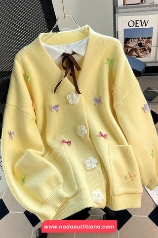 Long Sleeve V-Neck Cute Bow Floral Button Cardigan Sweater