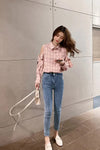 Long Sleeve Cute Bow Plaid Office Blouse Shirt