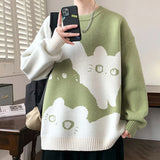 Upgrade your Grandpa Core Aesthetic with this Loose Cat Pattern O-Neck Sweater. The ultimate essential for Harajuku style outfits, whimsical animal printed knitwear trends, and cozy everyday autumn lookbooks. Featuring a flattering oversized fit and a bold retro cat motif, this pullover knit is a must-have for your Aesthetic Sweaters or Cottagecore Clothing collection.