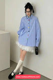 Long Sleeve Blue Striped Colorful Buttons Blouse Shirt