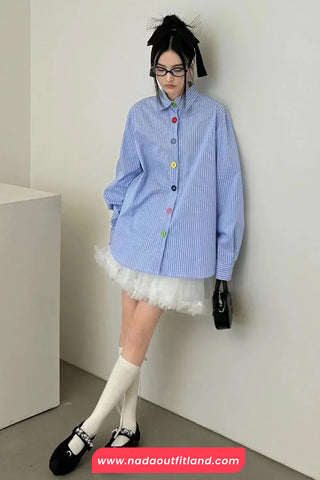Long Sleeve Blue Striped Colorful Buttons Blouse Shirt