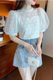 Short Sleeve Lace Hollow Out Blouse Shirt