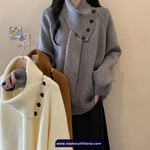 Loose Removable Scarf Knitted Sweater