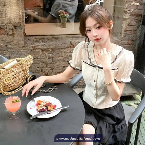 Short Sleeve V-Neck Ruffled Cute Shirt