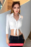 Long Sleeve Sexy Bow Tie Cropped Blouse Shirt