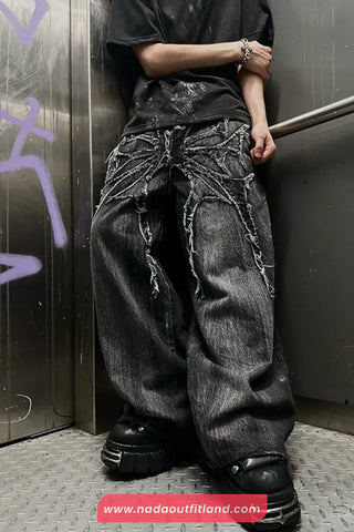 Loose Spider Webs Pattern Hip Hop Jeans Pants