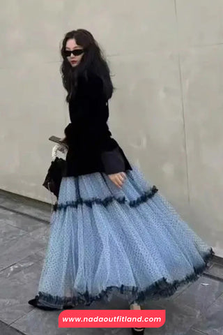 Cute Polka Dots Pattern Mesh Patchwork Long Skirts