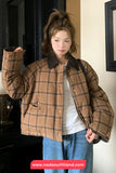 Long Sleeve Turn Down Collar Retro Plaid Thick Jacket