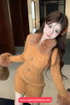 Long Sleeve Fur Collar Vintage Knitted Mini Dress