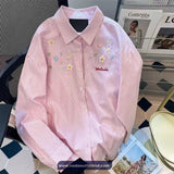 Long Sleeve Flowers Embroidered Striped Blouse Shirt