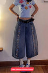 Loose Retro Floral Decoration Jeans Pants