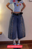 Loose Retro Floral Decoration Jeans Pants