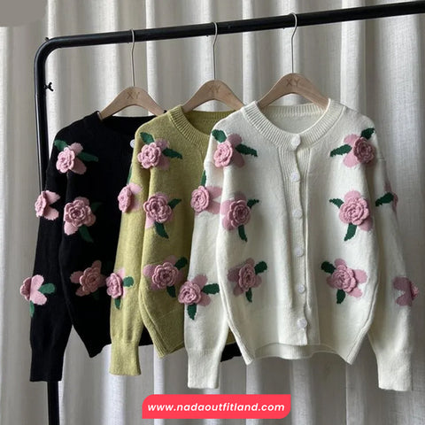 Long Sleeve 3D Pink Flowers Cardigan Sweater