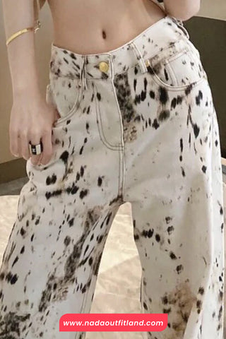Leopard Printed Casual Beige Jeans Pants