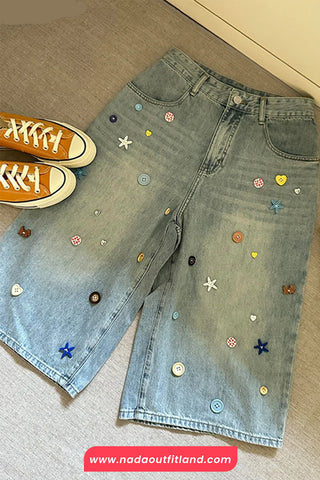 Loose Colorful Style Buttons Knee Length Jeans Pants