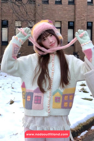 Cute House Embroidered Knitted Cardigan Sweater