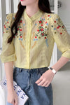 Long Sleeve Stand Collar Flower Embroidered Blouse Shirt