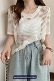 Short Sleeve O-Neck Hollow Out Summer Shirts
