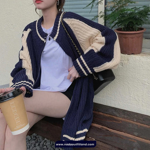 Long Sleeve Retro Striped Knitted Zipper Cardigan Sweater