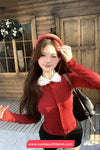 Long Sleeve Polka Dot Collar Red Cardigan Sweater