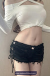 Side Drawstring Sexy Tassel Black Shorts