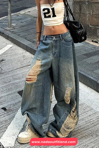 Loose Hole Ripped Vintage Jeans Pants