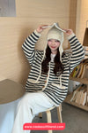 Long Sleeve Knitted Striped Hooded Cardigan Sweater